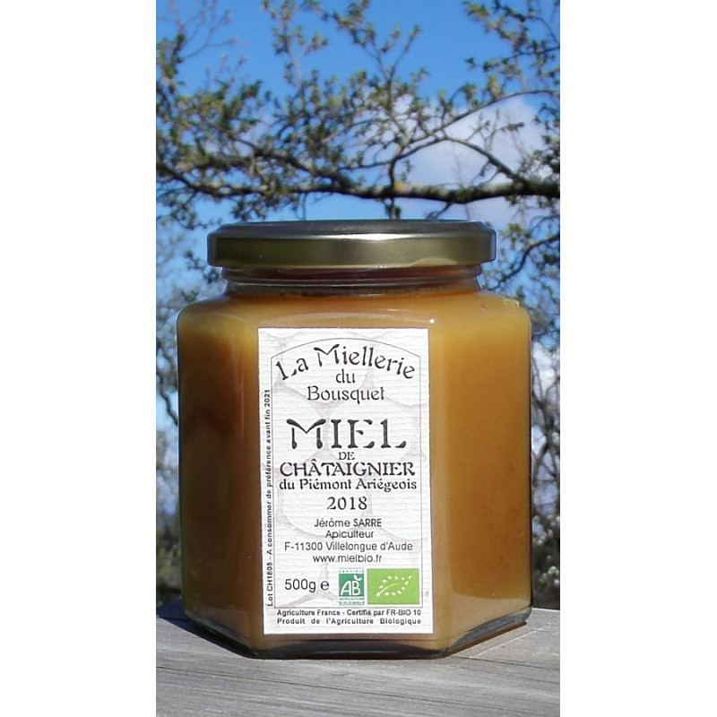 Miel de Châtaignier Bio Ariège 2018. Ce miel est cristallisé, photo mars 2019. Miel de Châtaignier Bio Ariège 2018. Ce miel est cristallisé, photo mars 2019.